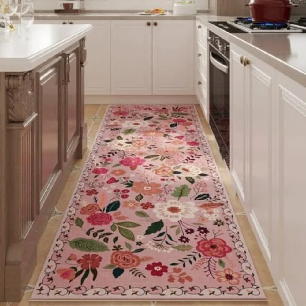 Non Slip 2 x 6 Pink Washable Runner Rugs with Rubber Backing Soft Floral Carpet